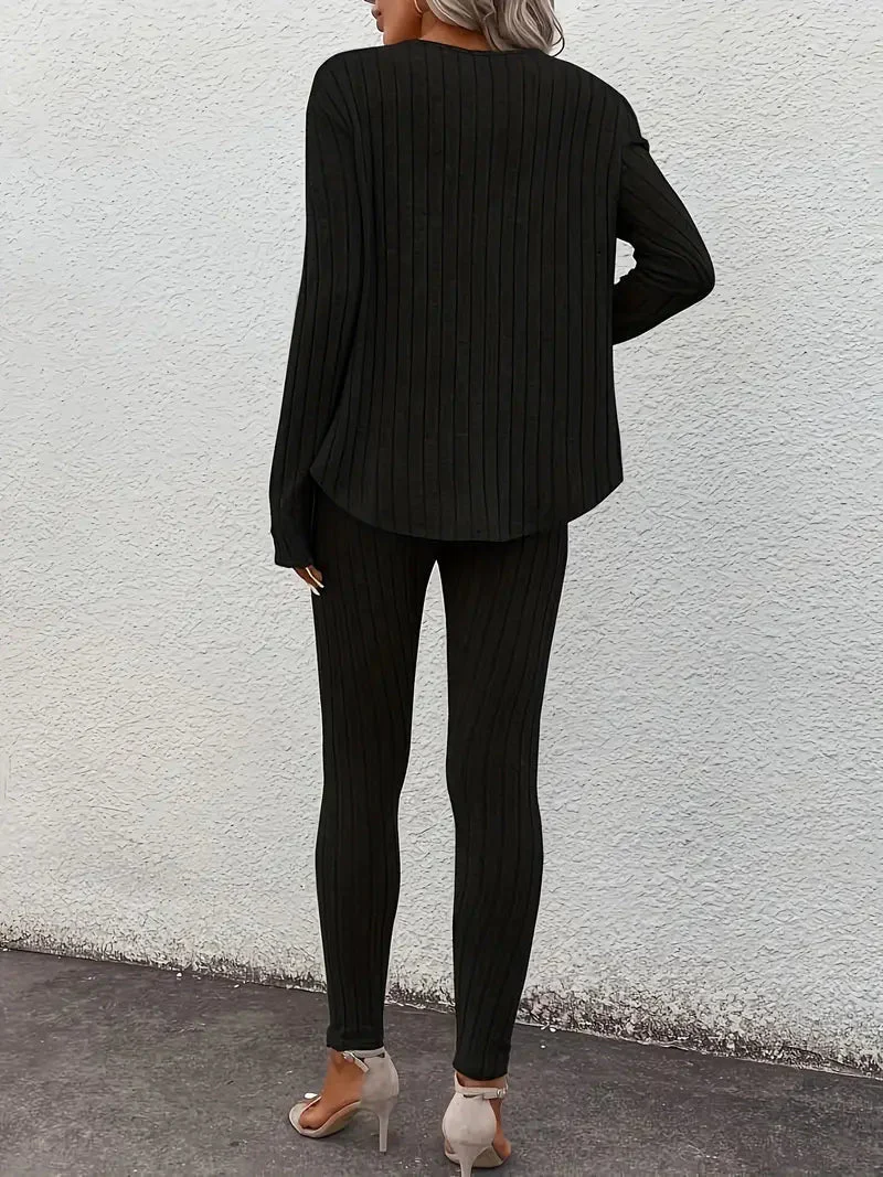 Women's Twinset – Ribbed Lounge Set – V-neck Top with Legging – Comfort Fit Casual - Image 7