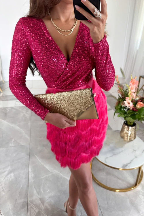 Women's Dress - Figure-Following Fit - Sequin Top - V-Neck - Fringe Skirt Party Style - Image 2
