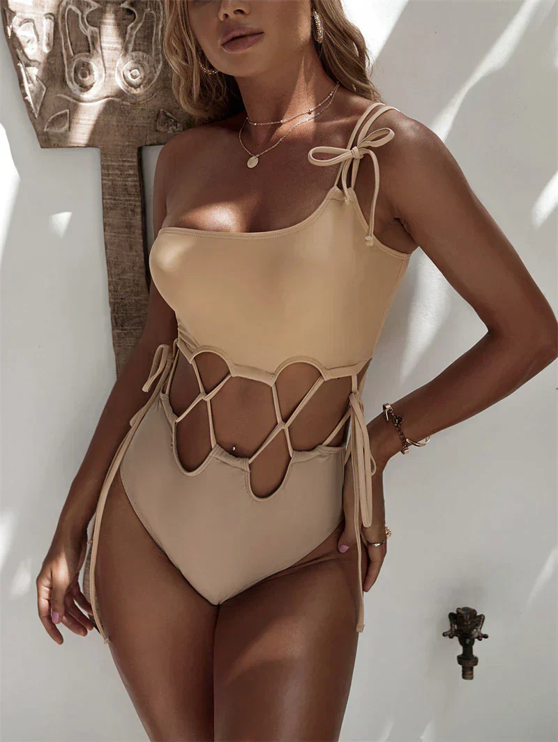 Women's Swimsuit - One Piece - Cut-Out Design - Quick-Drying Elastic - Lattice Details - Image 3