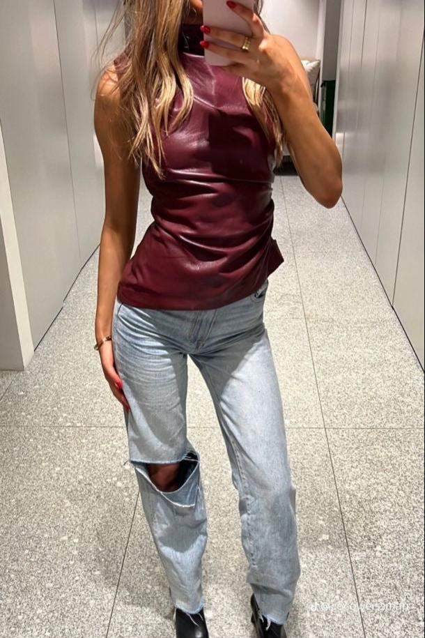 Ladies Leather Top – Sleeveless – High Neck – Slim Fit – Luxury Finish - Image 2