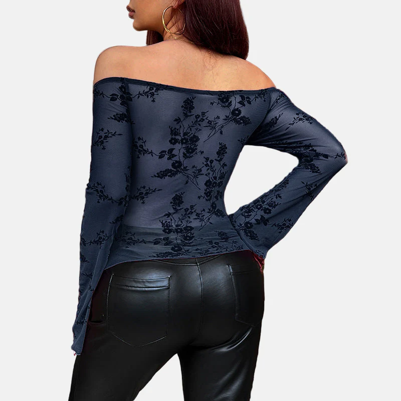 Women's Top – Transparent Mesh – Long Sleeve – Floral Pattern – Elegant Fit - Image 4