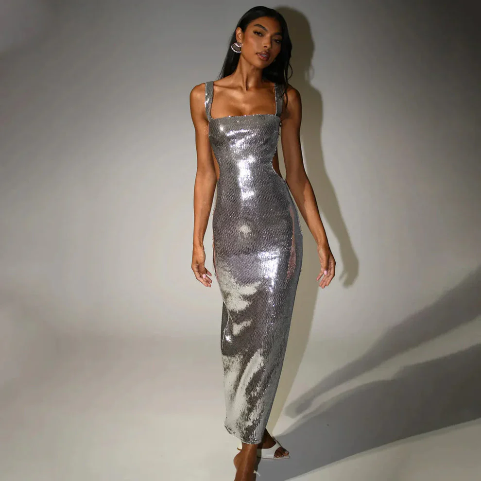 Women's Evening Dress - Sequins - Fitted Style - Maxi Length - Cut-Out Detail - Image 3
