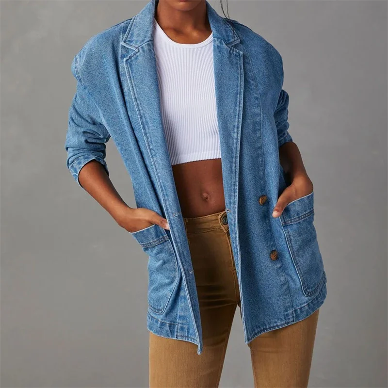 Women's Blazer – Denim – Regular Fit – Classic Lapel – Buttons – Long Sleeve – Casual Chic - Image 3