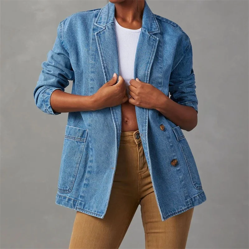 Women's Blazer – Denim – Regular Fit – Classic Lapel – Buttons – Long Sleeve – Casual Chic - Image 4