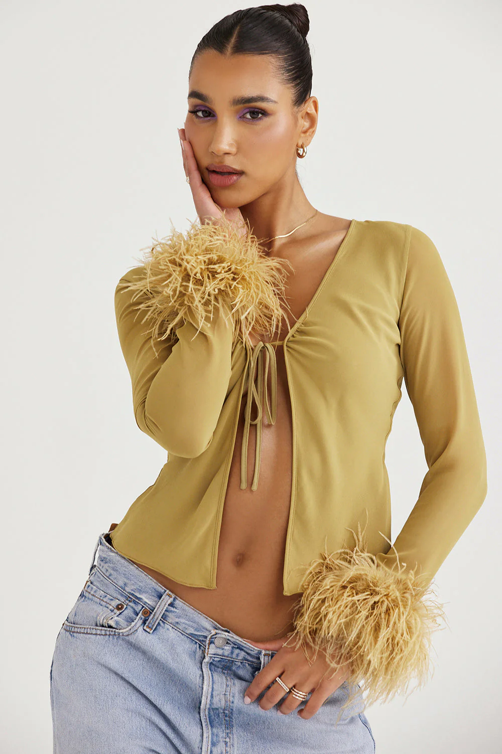 Ladies Top - Deep V-Neck - Bow Detail - Long Sleeves - Luxurious Feather Accent - Image 3