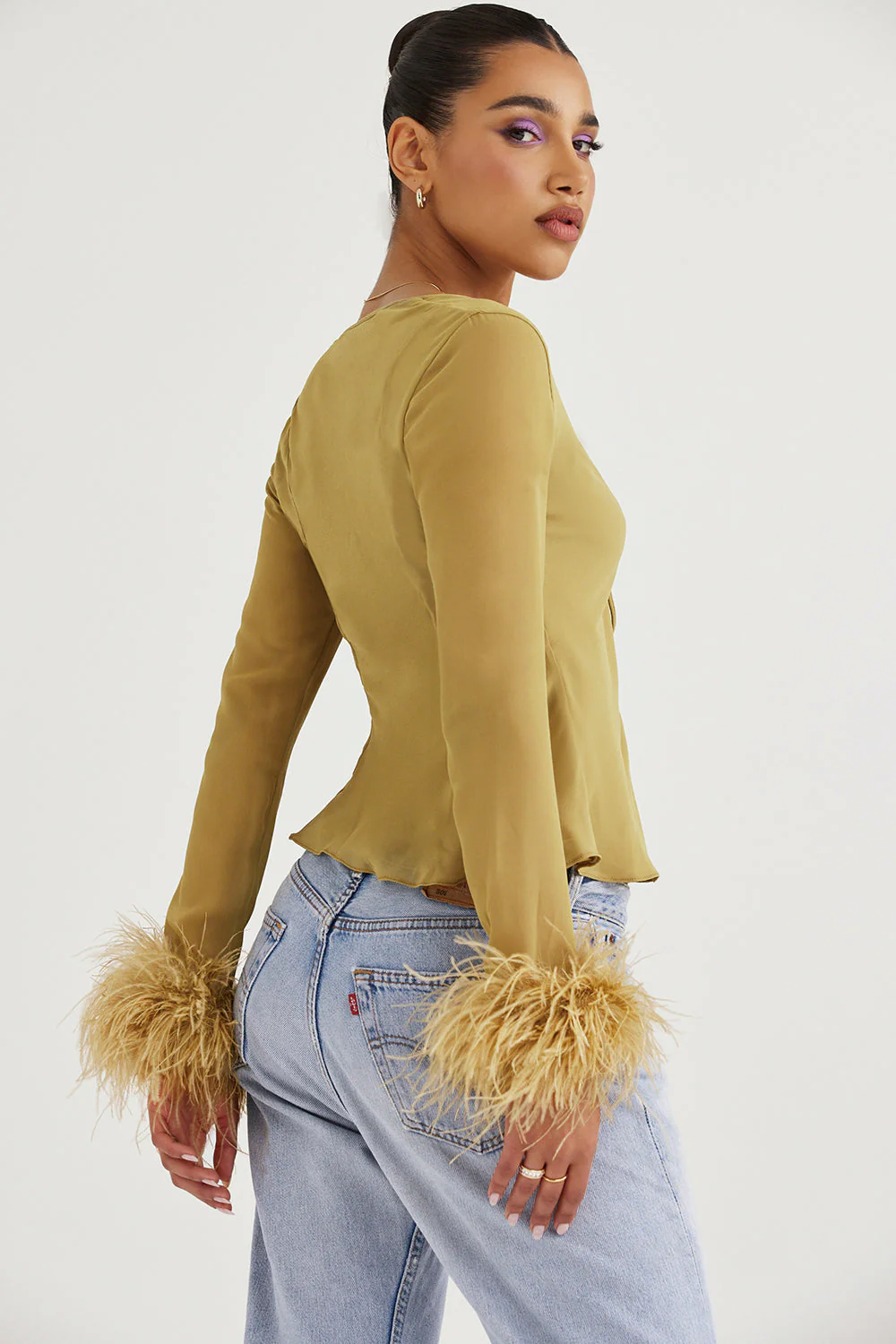 Ladies Top - Deep V-Neck - Bow Detail - Long Sleeves - Luxurious Feather Accent - Image 4