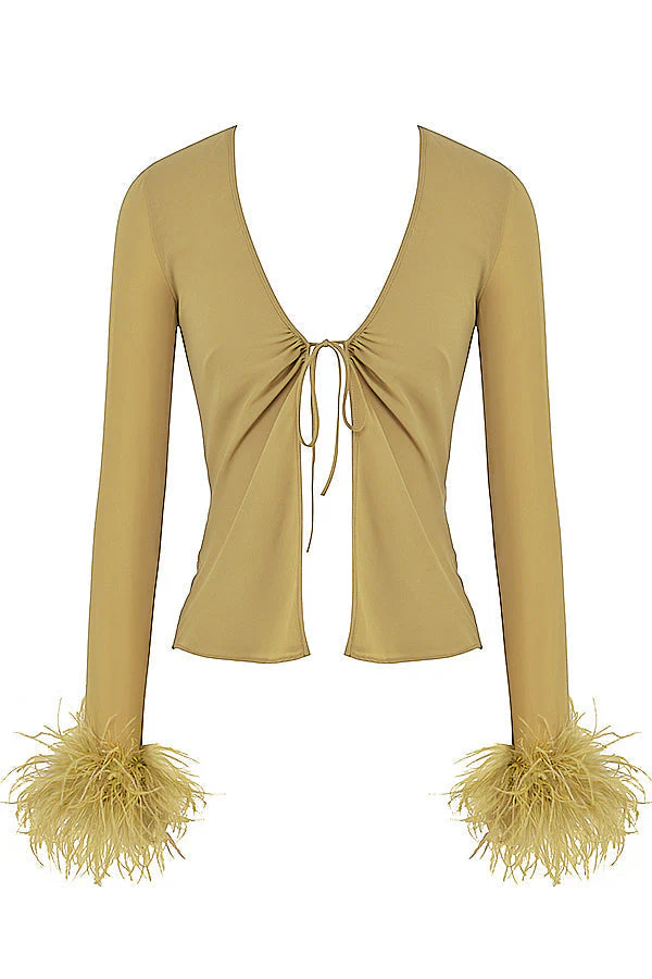 Ladies Top - Deep V-Neck - Bow Detail - Long Sleeves - Luxurious Feather Accent - Image 6