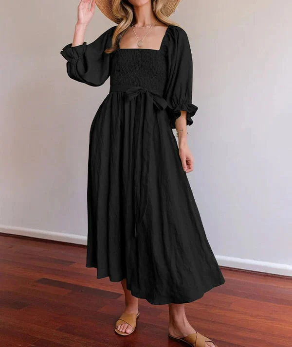 Ladies Midi Dress – Smock Top – Puff Sleeve – Tie Belt – Feminine Fit - Image 3