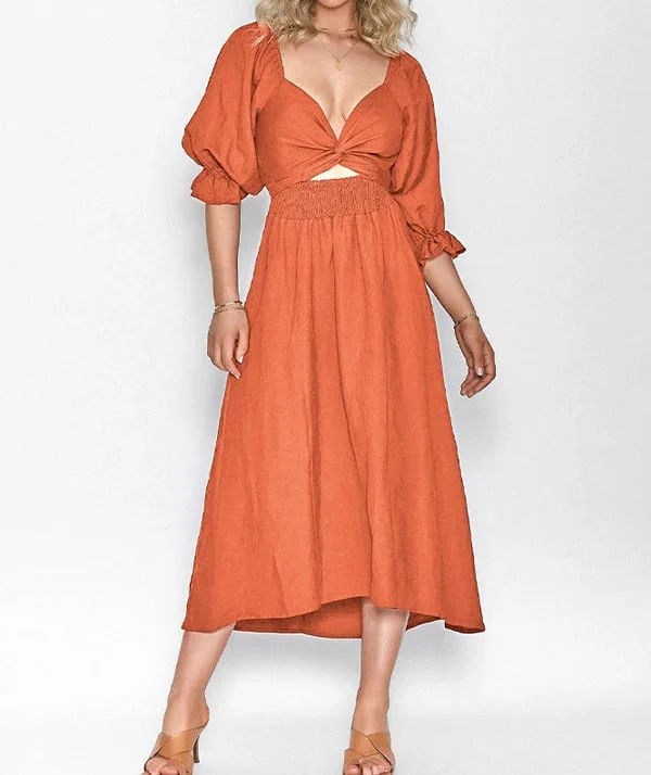 Ladies Midi Dress – Smock Top – Puff Sleeve – Tie Belt – Feminine Fit - Image 4