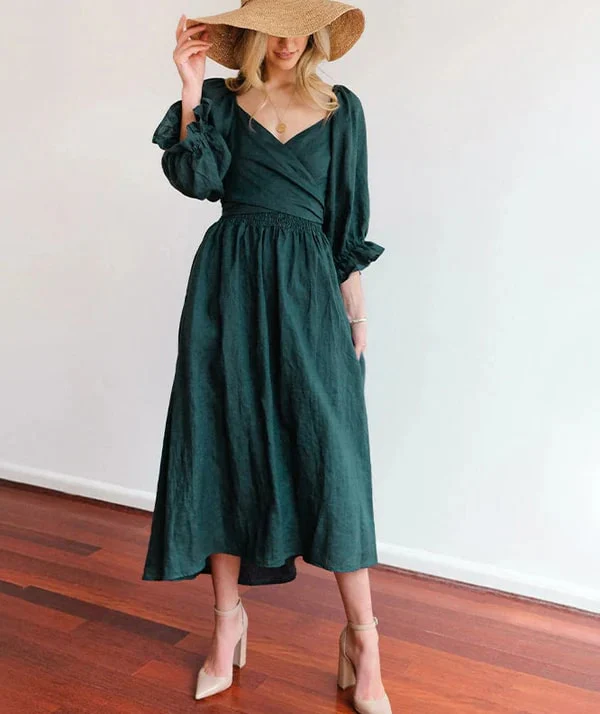 Ladies Midi Dress – Smock Top – Puff Sleeve – Tie Belt – Feminine Fit - Image 5