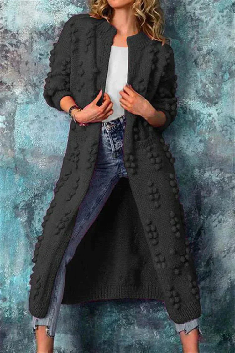 Women's Long Knitted Cardigan - Chunky Knit - Open Front - Pompon Detail - Comfort Fit - Image 2