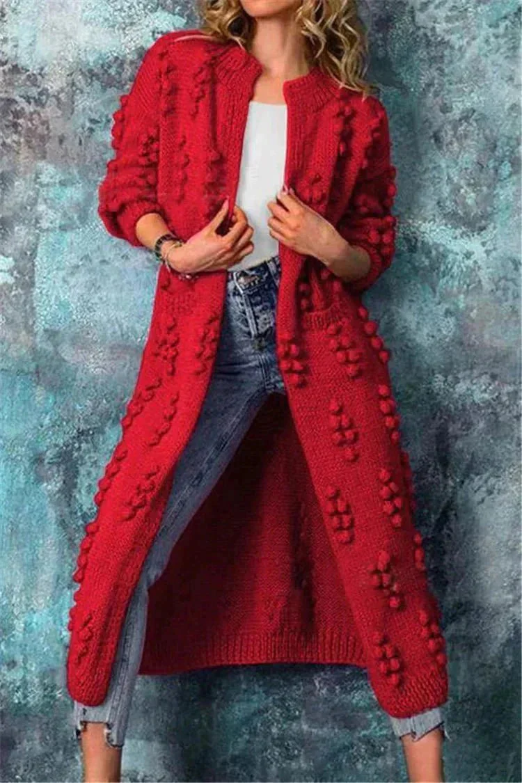 Women's Long Knitted Cardigan - Chunky Knit - Open Front - Pompon Detail - Comfort Fit - Image 3