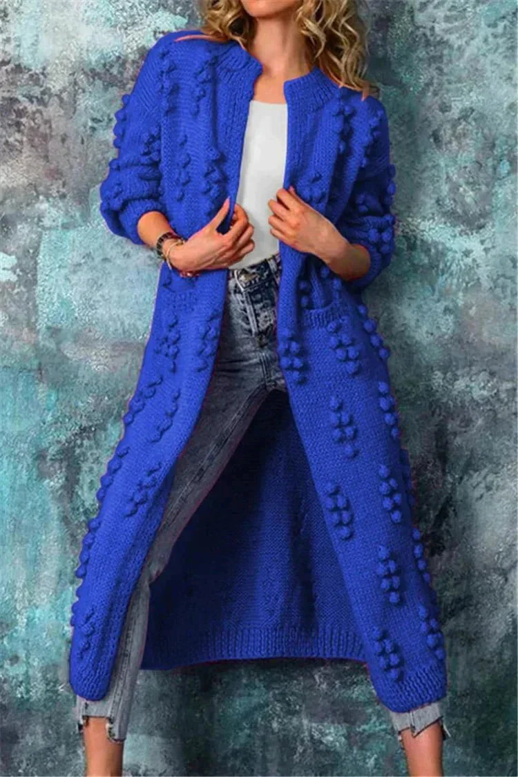 Women's Long Knitted Cardigan - Chunky Knit - Open Front - Pompon Detail - Comfort Fit - Image 4