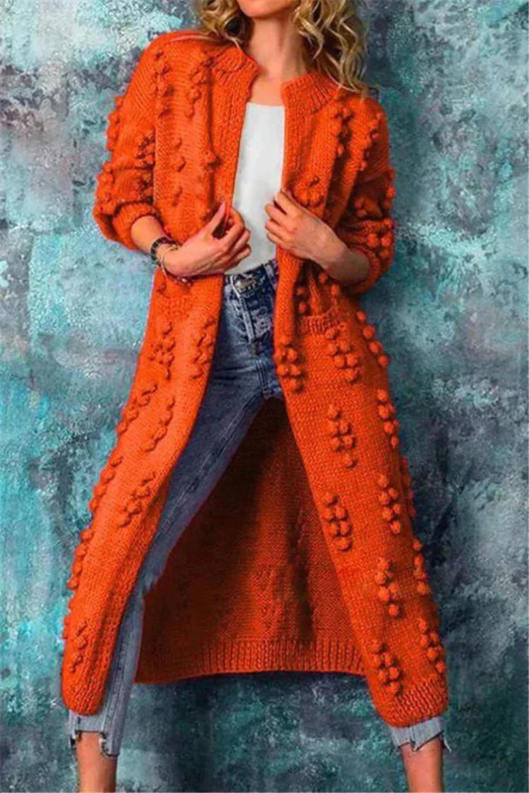 Women's Long Knitted Cardigan - Chunky Knit - Open Front - Pompon Detail - Comfort Fit - Image 5