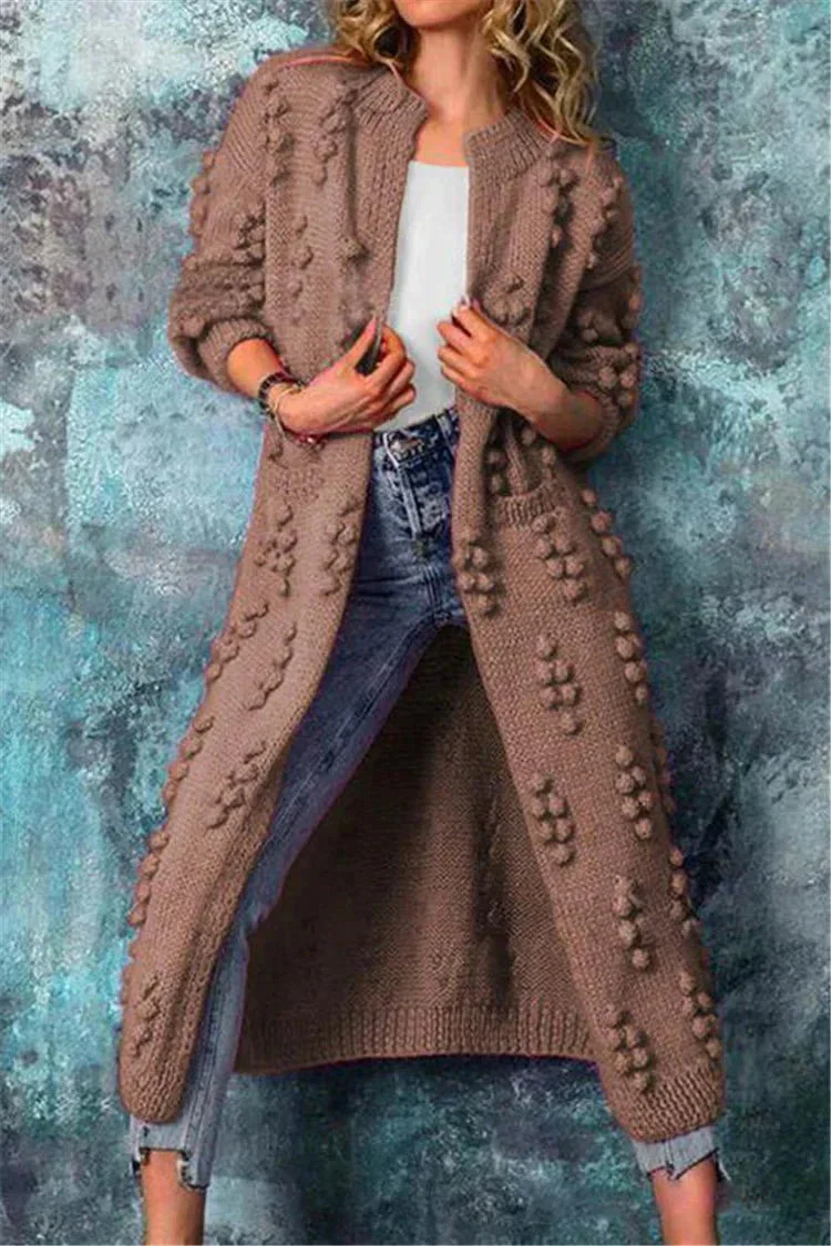 Women's Long Knitted Cardigan - Chunky Knit - Open Front - Pompon Detail - Comfort Fit - Image 6