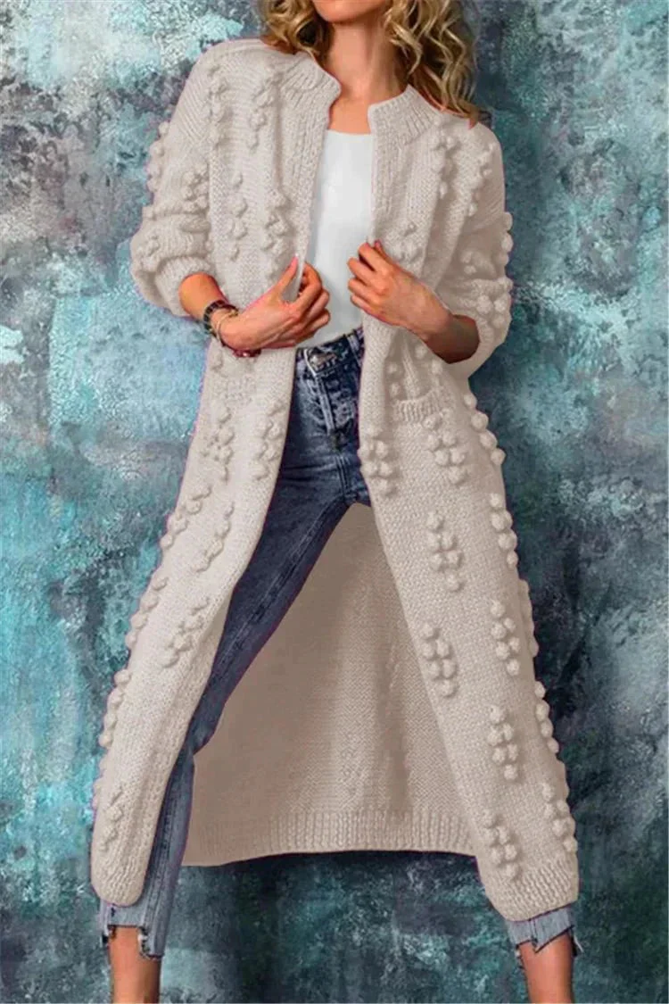 Women's Long Knitted Cardigan - Chunky Knit - Open Front - Pompon Detail - Comfort Fit - Image 7