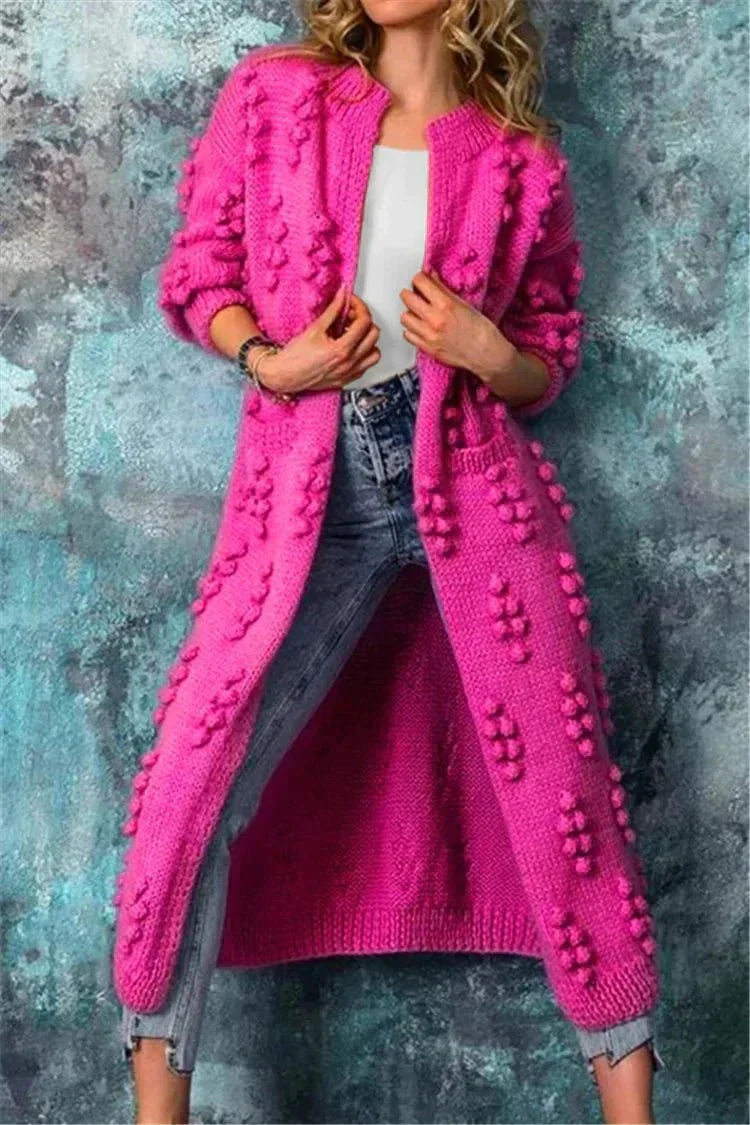 Women's Long Knitted Cardigan - Chunky Knit - Open Front - Pompon Detail - Comfort Fit - Image 8
