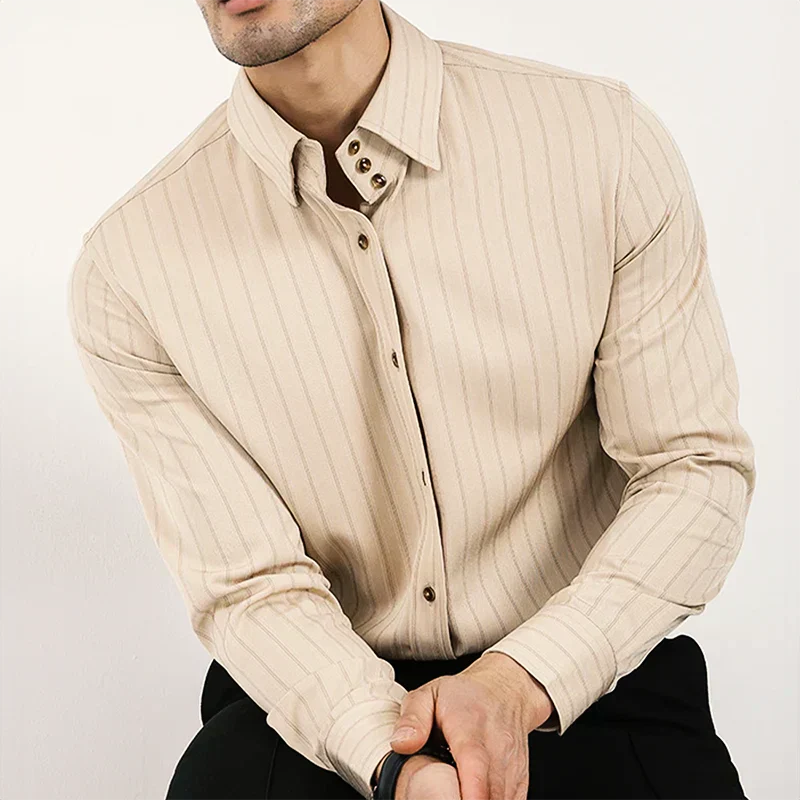 Men's Shirt - Slim Fit - Long Sleeve - Breathable Cotton - Striped Design Business - Image 3
