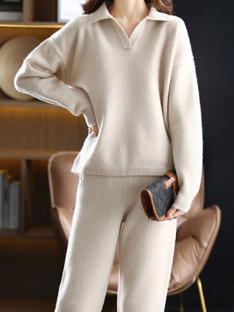 Women's Loungewear Set – Knitted Sweater with Collar – Relaxed Fit – Elastic Pants - Image 3