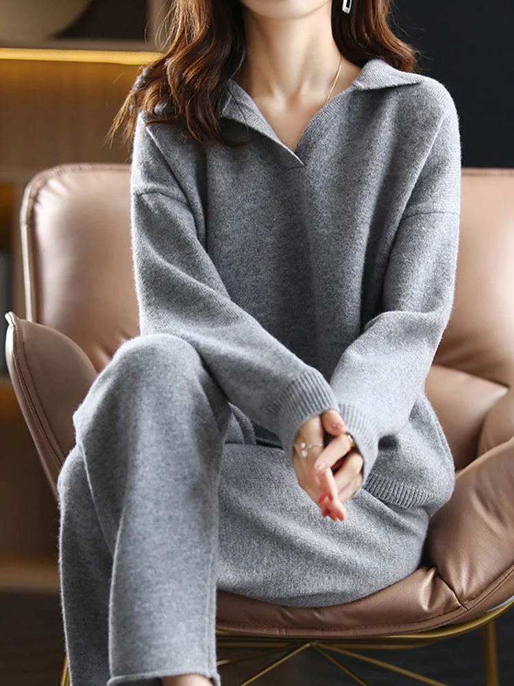 Women's Loungewear Set – Knitted Sweater with Collar – Relaxed Fit – Elastic Pants - Image 7