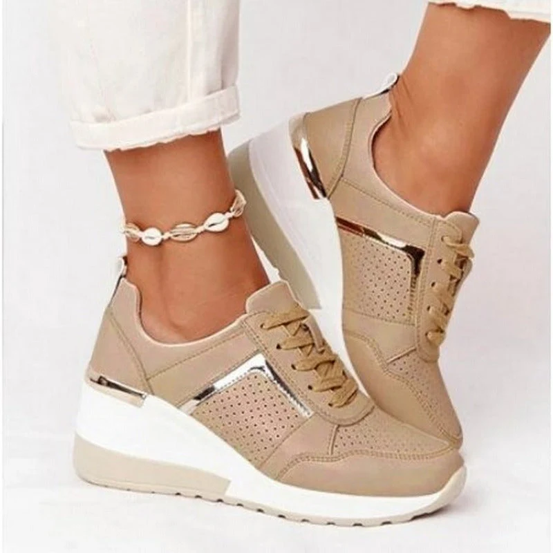 Ladies Wedge Sneakers - Breathable Leather-Look - Metal Accents - Comfort Sole - Image 3