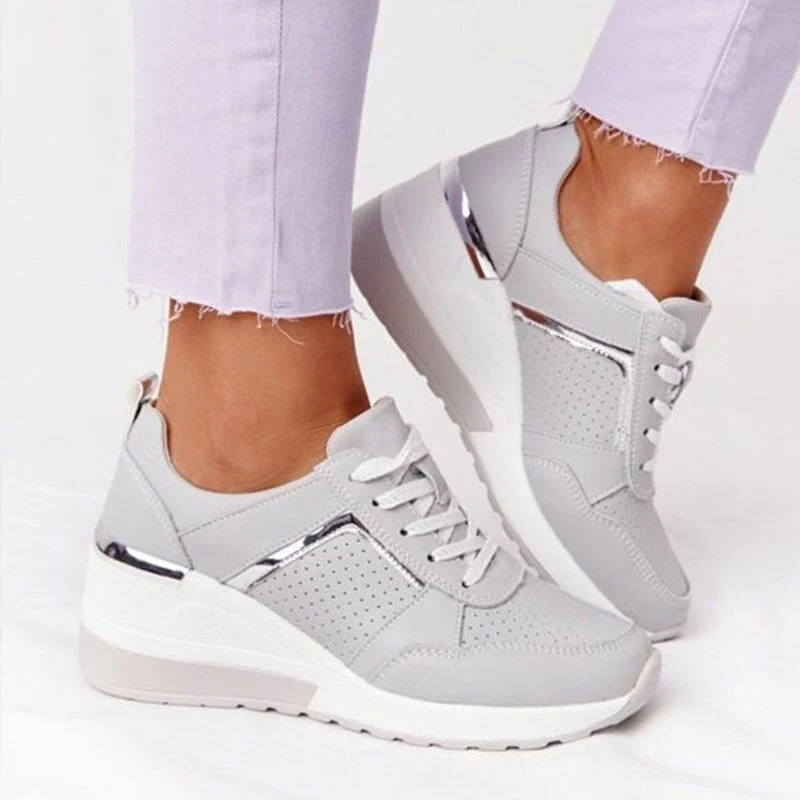 Ladies Wedge Sneakers - Breathable Leather-Look - Metal Accents - Comfort Sole - Image 4