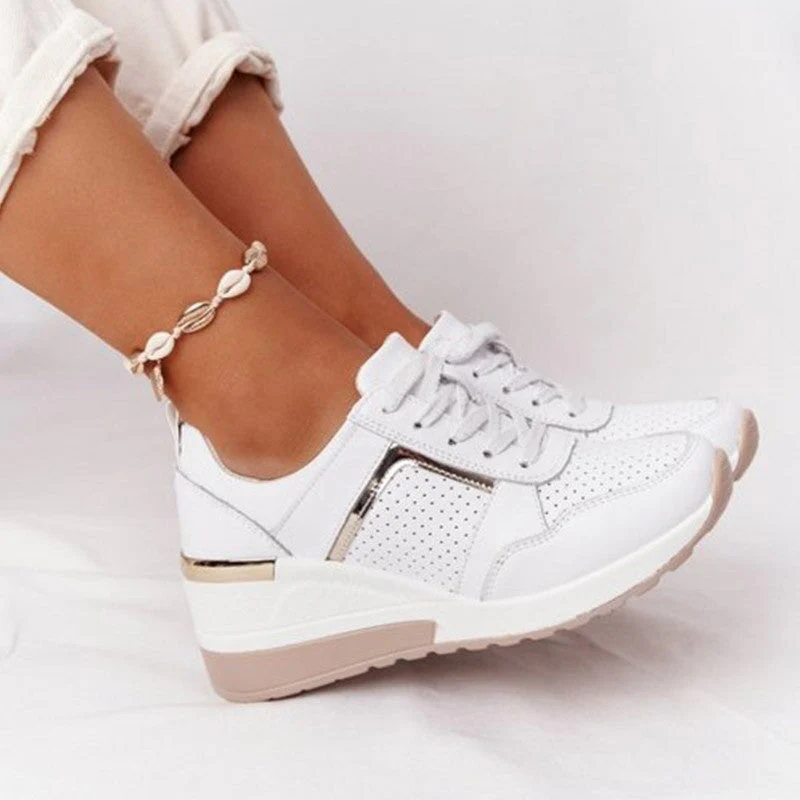 Ladies Wedge Sneakers - Breathable Leather-Look - Metal Accents - Comfort Sole - Image 5