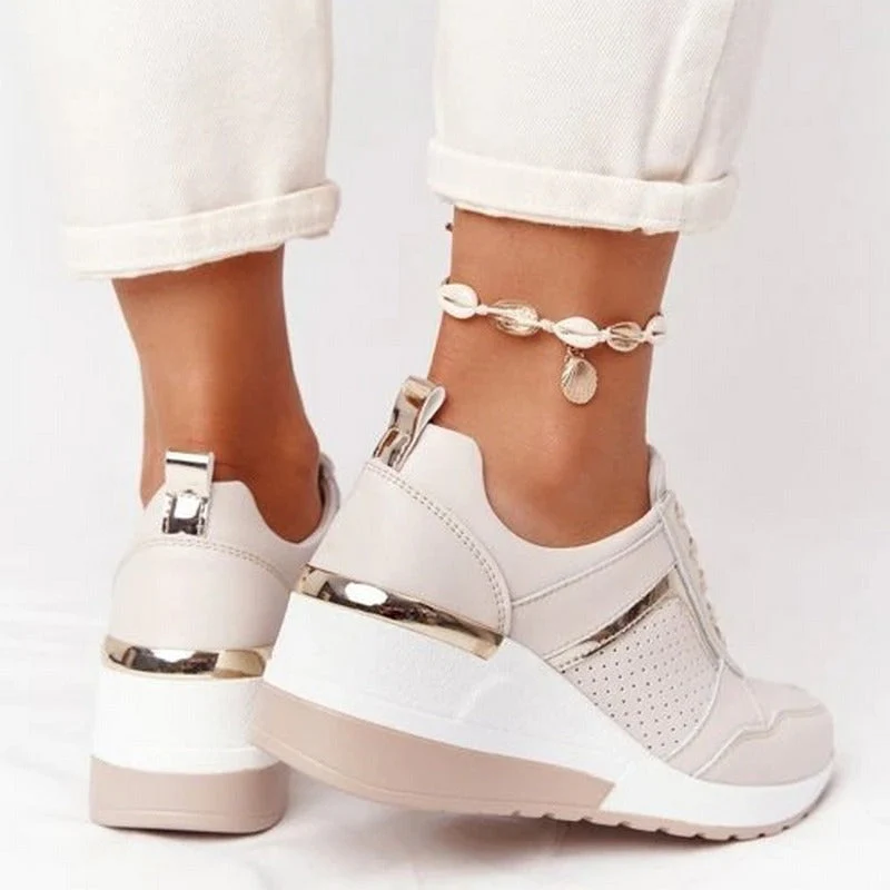 Ladies Wedge Sneakers - Breathable Leather-Look - Metal Accents - Comfort Sole - Image 6