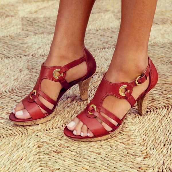 Ladies Sandals with Heel – Leather Straps – Open Toe – Chunky Heel – Metal Details - Image 3