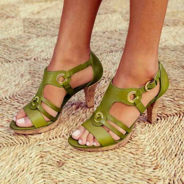 Ladies Sandals with Heel – Leather Straps – Open Toe – Chunky Heel – Metal Details - Image 4