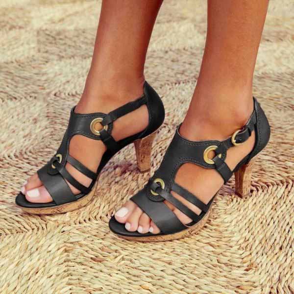Ladies Sandals with Heel – Leather Straps – Open Toe – Chunky Heel – Metal Details - Image 5