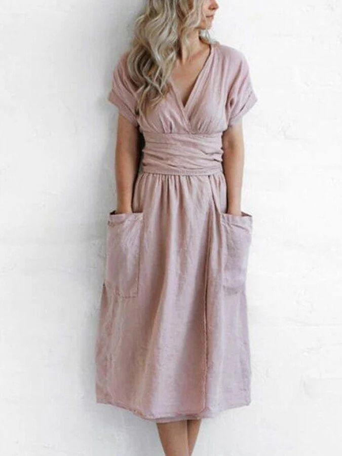 Ladies Wrap Dress - Midi Length - Short Sleeves - Waist Belt - With Pockets - Image 2