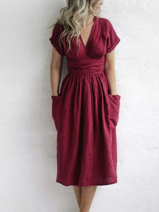 Ladies Wrap Dress - Midi Length - Short Sleeves - Waist Belt - With Pockets - Image 3