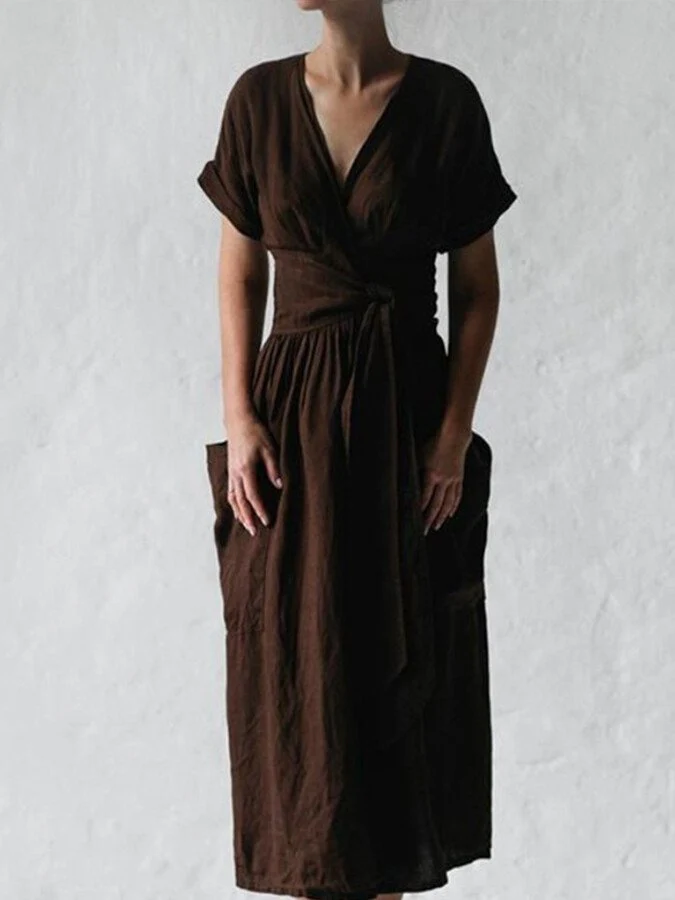 Ladies Wrap Dress - Midi Length - Short Sleeves - Waist Belt - With Pockets - Image 4