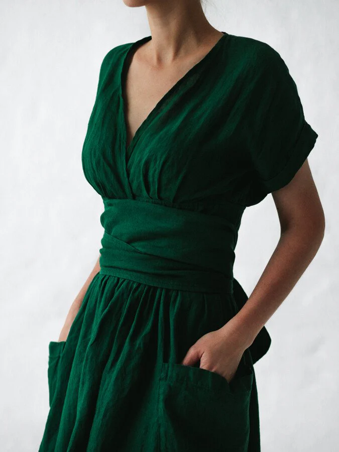 Ladies Wrap Dress - Midi Length - Short Sleeves - Waist Belt - With Pockets - Image 5