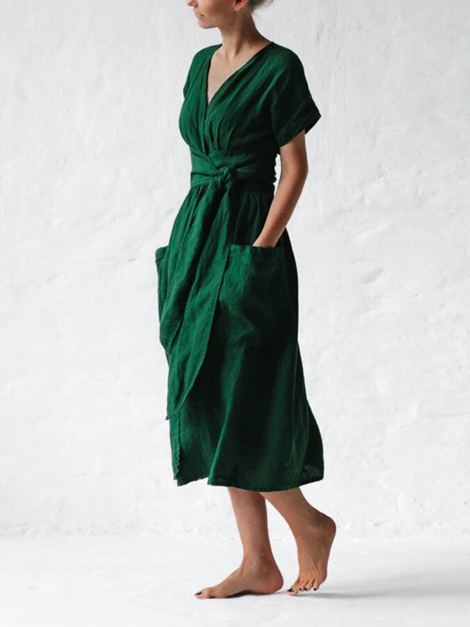 Ladies Wrap Dress - Midi Length - Short Sleeves - Waist Belt - With Pockets - Image 6