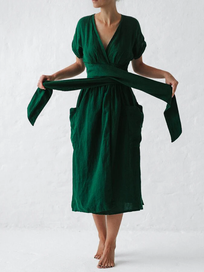 Ladies Wrap Dress - Midi Length - Short Sleeves - Waist Belt - With Pockets - Image 8