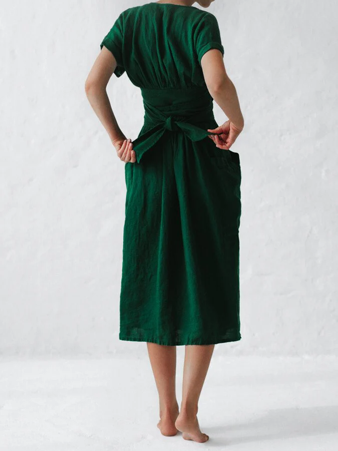 Ladies Wrap Dress - Midi Length - Short Sleeves - Waist Belt - With Pockets - Image 9