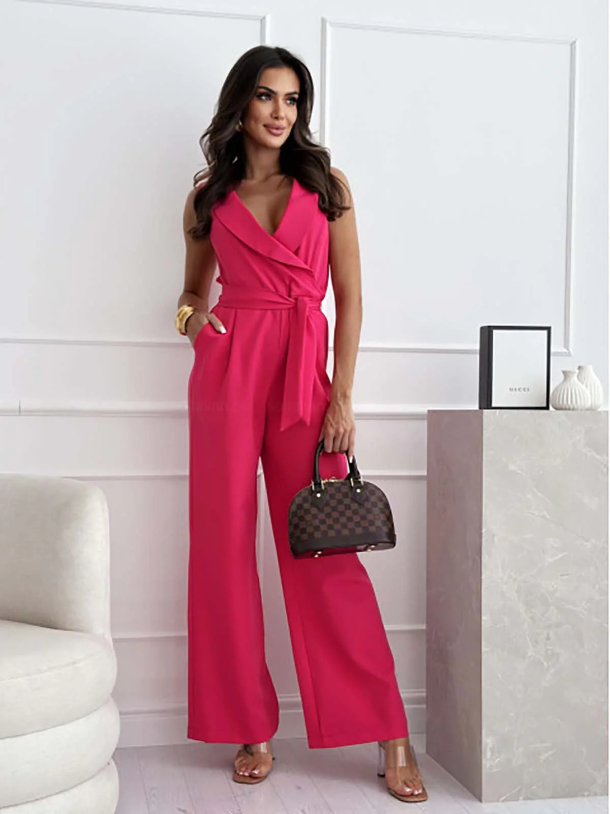 Women's Jumpsuit - Sleeveless - V-Neck - Wrap Style - Wide Legs - Elegant Fit - Image 14