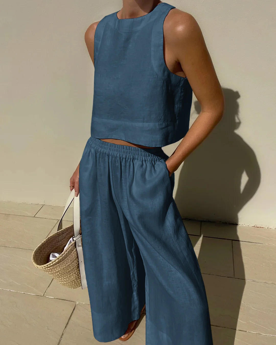 Ladies Set - Sleeveless Crop Top & Wide Pants - Linen Mix - Airy Comfortable Casual - Image 10
