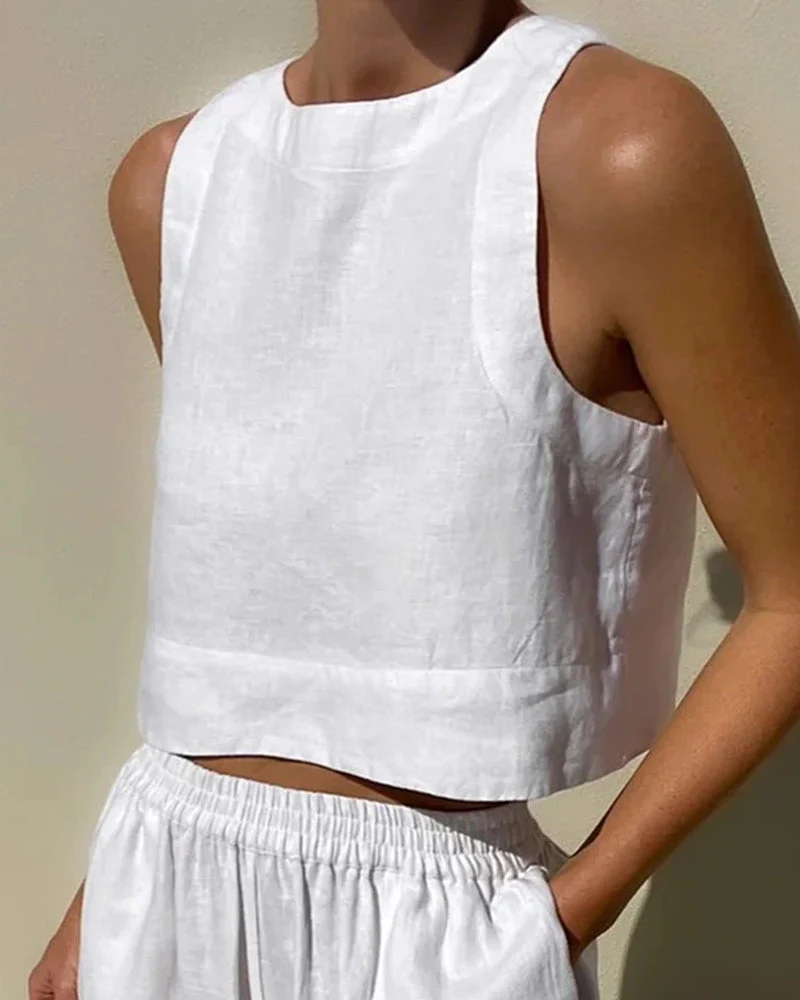 Ladies Set - Sleeveless Crop Top & Wide Pants - Linen Mix - Airy Comfortable Casual - Image 2