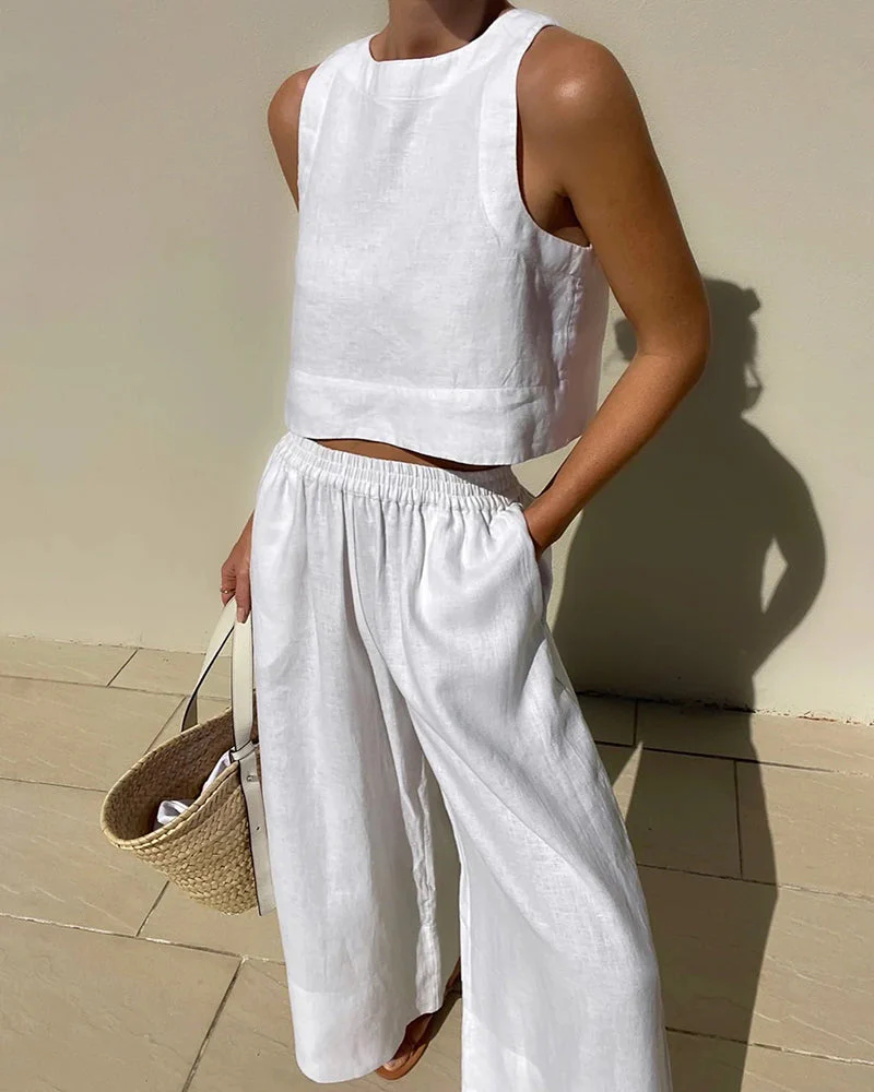 Ladies Set - Sleeveless Crop Top & Wide Pants - Linen Mix - Airy Comfortable Casual - Image 3