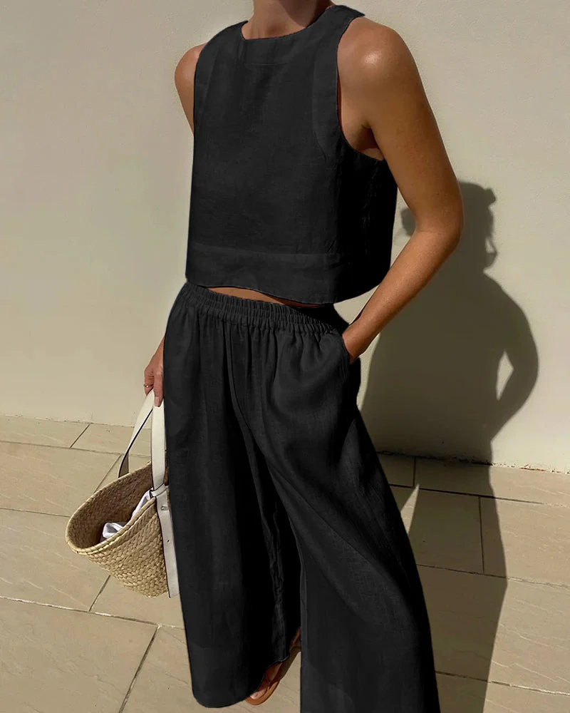 Ladies Set - Sleeveless Crop Top & Wide Pants - Linen Mix - Airy Comfortable Casual - Image 4