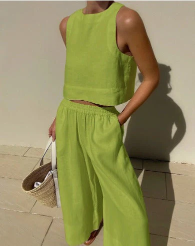 Ladies Set - Sleeveless Crop Top & Wide Pants - Linen Mix - Airy Comfortable Casual - Image 5