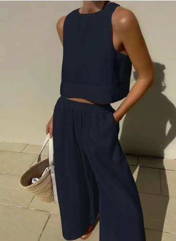 Ladies Set - Sleeveless Crop Top & Wide Pants - Linen Mix - Airy Comfortable Casual - Image 6