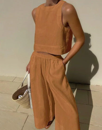 Ladies Set - Sleeveless Crop Top & Wide Pants - Linen Mix - Airy Comfortable Casual - Image 7