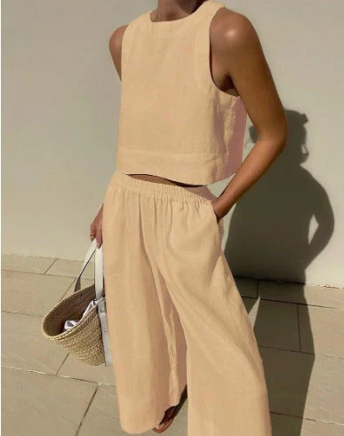 Ladies Set - Sleeveless Crop Top & Wide Pants - Linen Mix - Airy Comfortable Casual - Image 8
