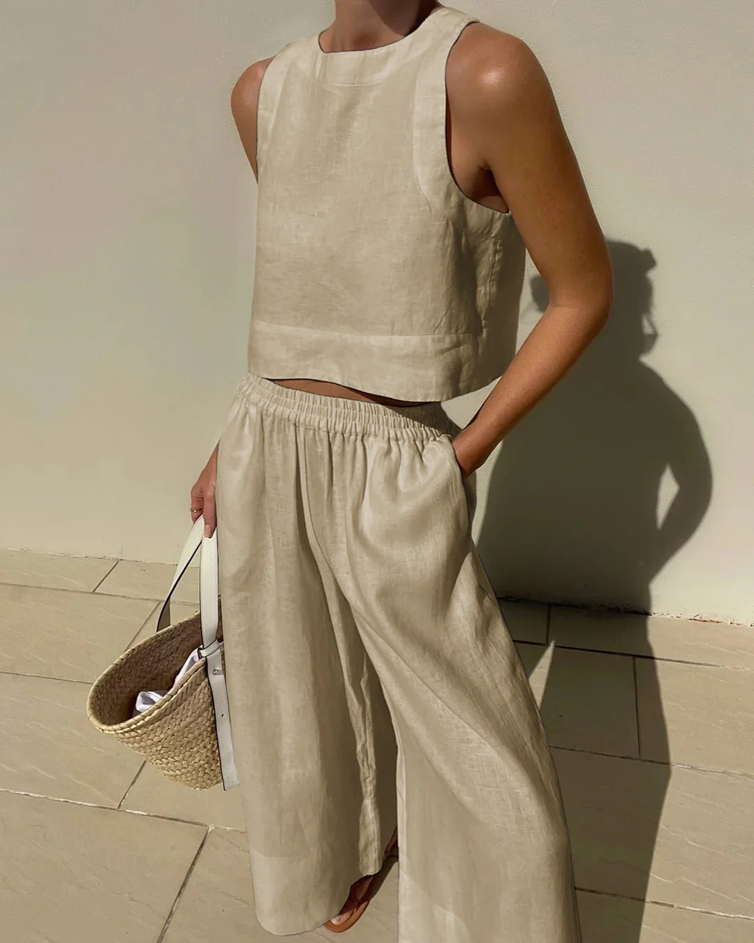 Ladies Set - Sleeveless Crop Top & Wide Pants - Linen Mix - Airy Comfortable Casual - Image 9