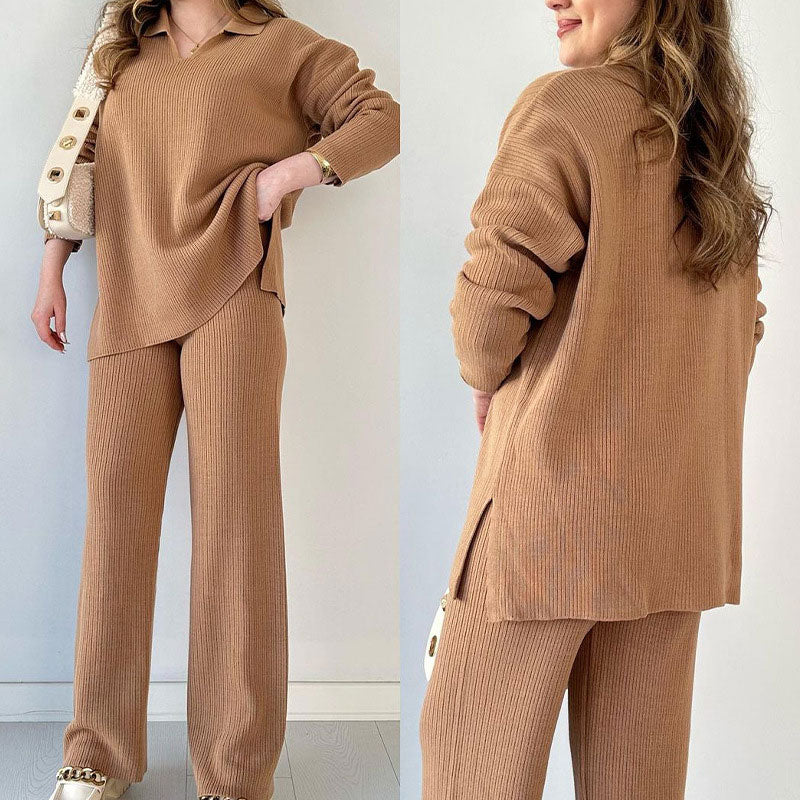 Ladies Lounge Set – Knitted Sweater with V-neck – Relaxed Fit – Straight Pants – Comfort Fit - Image 7