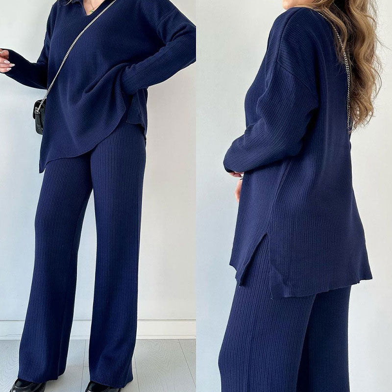 Ladies Lounge Set – Knitted Sweater with V-neck – Relaxed Fit – Straight Pants – Comfort Fit - Image 9